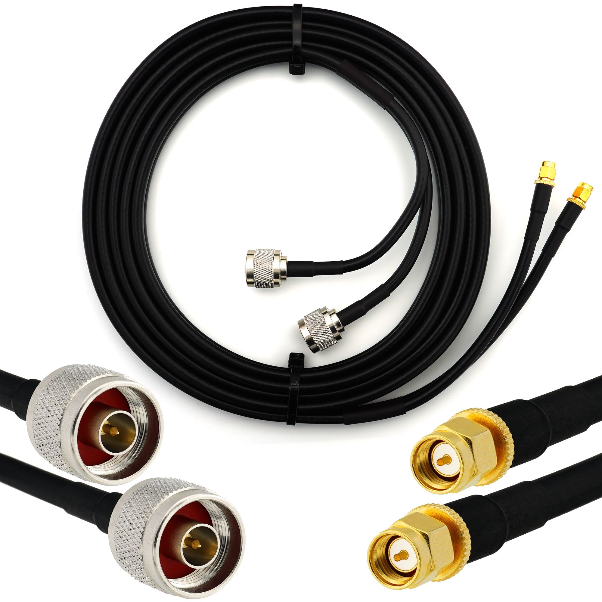 N Male to SMA Male Twin Coaxial Cable 5m - Waterproof Dual Extension for WiFi Routers, LTE Amplifiers, Hotspots (GSM 4G/5G/6G)