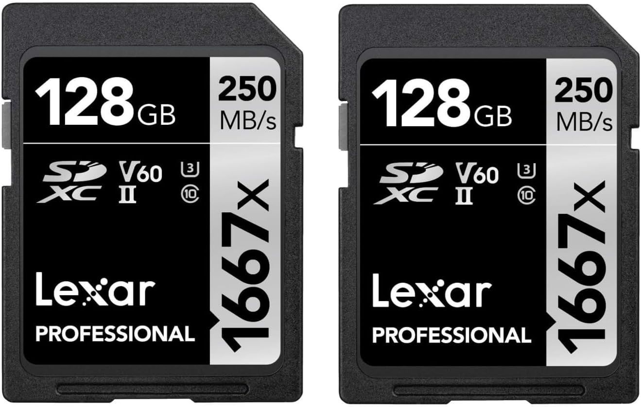 Professional 1667X SD Card 128GB, Pack of 2, UHS-II U3 Class 10 SDXC Memory Card, up to 250 MB/s Read Speed, for Professional Photographers and Videographers