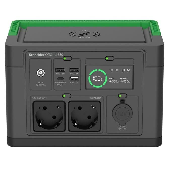 Schneider OffGrid 330 - Centrale électrique portable - LCD, lithium-ion, 2 prises schuko CEE 7/3, onde sinusoïdale, 3 USB-A, 1 USB-C, chargeur sans fil - CA 230 V - 330 watt - Lithium Ion - 332 Wh - connecteurs de sortie : 2 - noir, vert