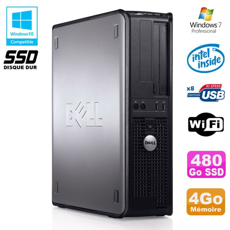 Ordinateur de bureau Dell Optiplex 760 DT - Processeur Intel E5200, 4 Go de RAM, 480 Go SSD, WiFi, Windows 7