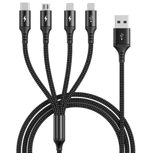 Câble UZAHSK 4 en 1, câble de charge nylon 1,2 m avec connecteurs Micro/IP/Type C Lightning pour Samsung Galaxy S23/Huawei/OnePlus/Wiko/Kindle