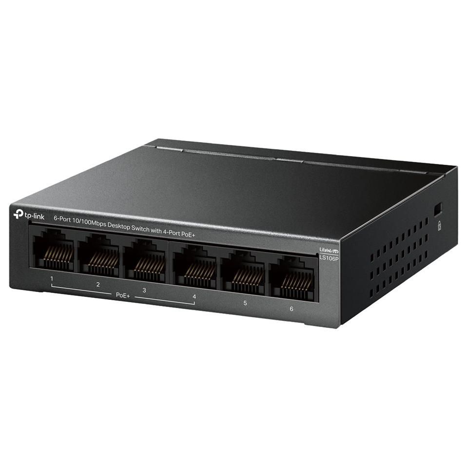TP-Link LiteWave LS106P V1 - Desktop Switch - 4 x 10/100 PoE + 2 x 10/100 - Wall Mountable, PoE (65W)