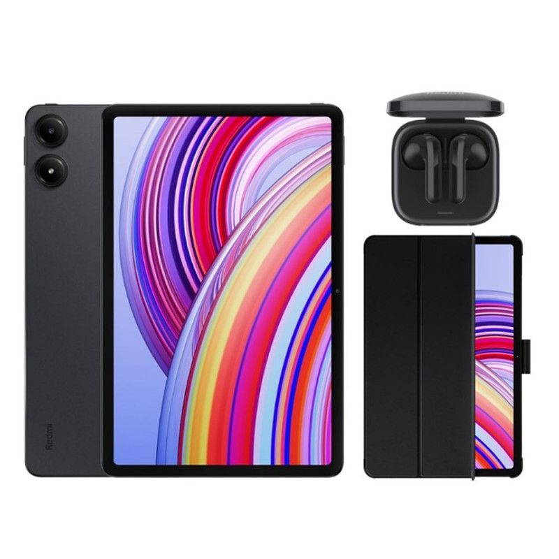 Tableta Xiaomi Redmi Pad Pro de 12,1 pulgadas - Gris (128 GB, WiFi) con auriculares activos negros y funda