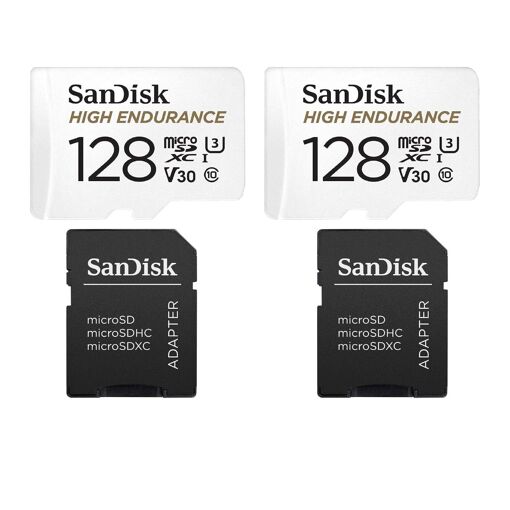 SanDisk High Endurance 2-Pack Flash Memory Card (MicroSDXC to SD Adapter Included) - 128GB Class V30 / UHS-I U3 / Class 10 microSDXC UHS-I 100MB/s Read and 40MB/s Write