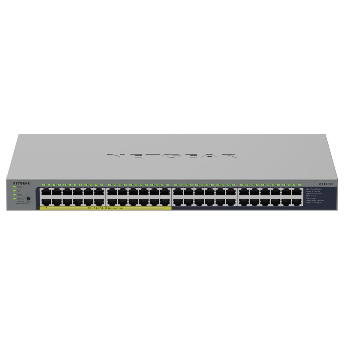 Netgear GS748PP - Gigabit Switch - Unmanaged - 24x10/100/1000 + 24x10/100/1000 (PoE+) - Desk/Wall Mountable - 380W PoE+