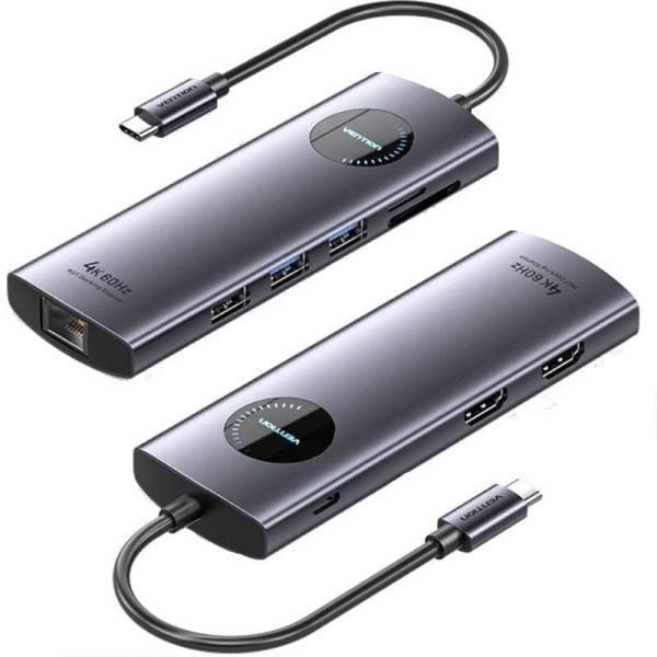 Vention USB-C Docking Station - 2 HDMI, 3 USB, RJ45, SD Card Reader, USB-C PD - Gray