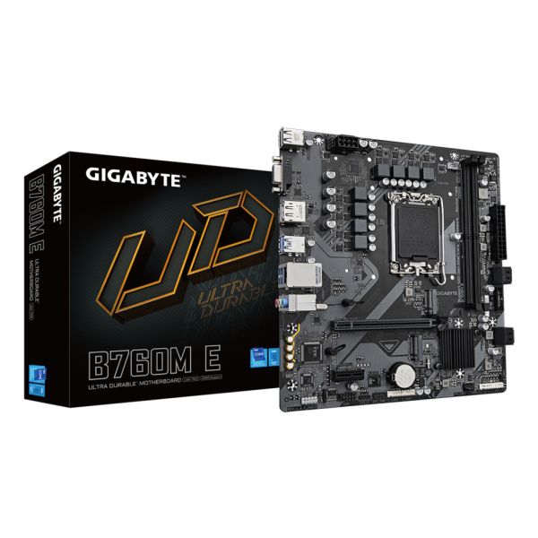 Gigabyte B760M E Motherboard - Compatible with Intel Core 14th Gen Processors, 6+1+1 Phase VRM, Up to 7200MHz DDR5 (OC), 2x PCIe 4.0 M.2, 1GbE LAN, USB 3.2 Gen 1