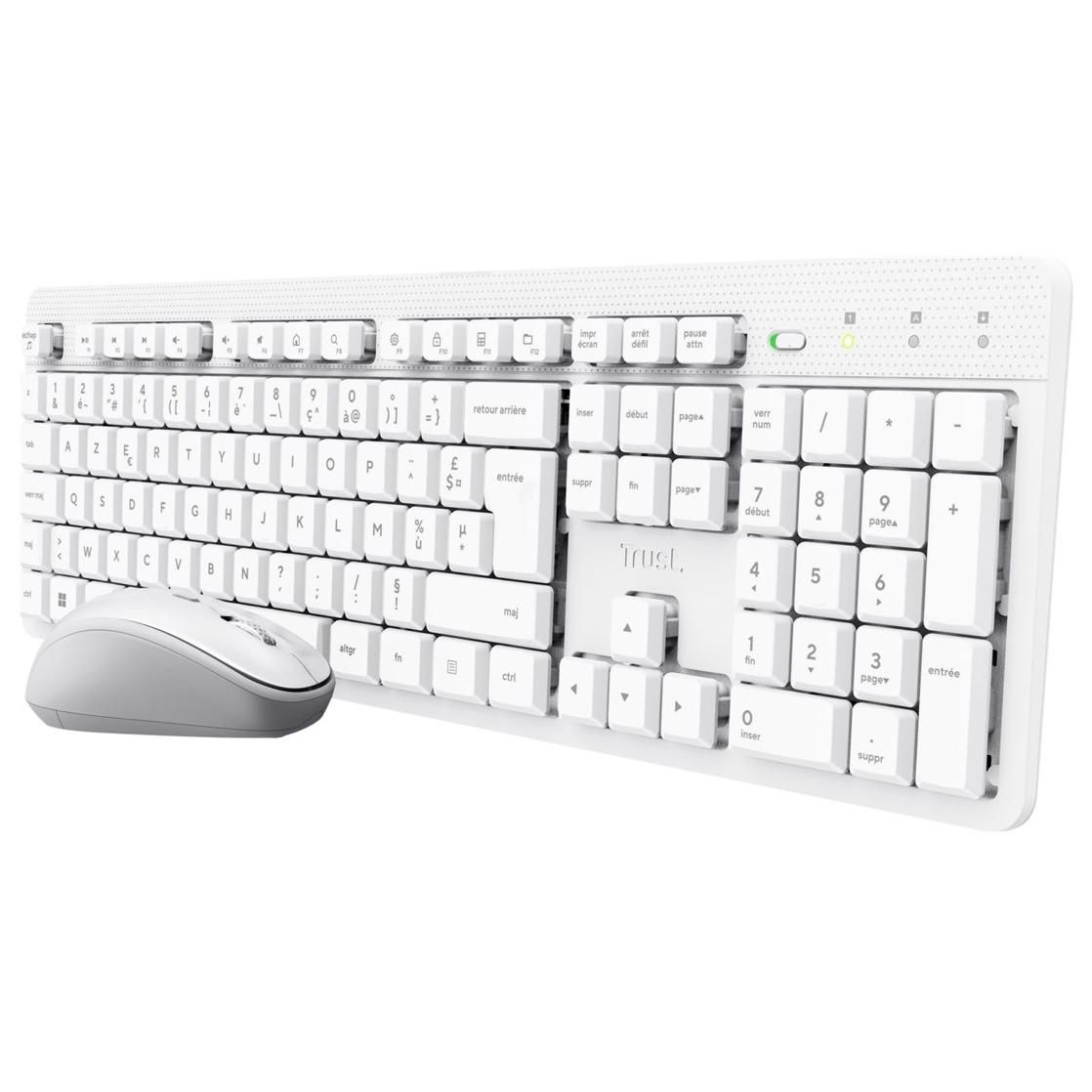 Trust Ody II Wireless Keyboard and Mouse Set - Full Size, Silent, USB, AZERTY, French, White