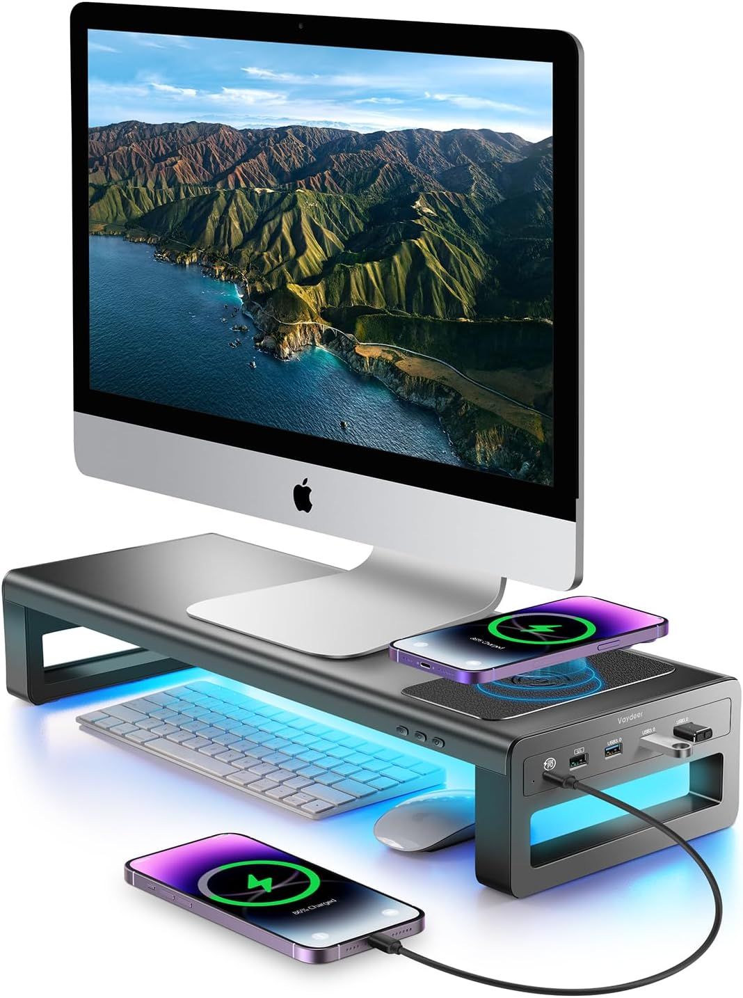 ChicSlick Dual Monitor Metal Stand with Wireless Charging and 4 USB 3.0 Hubs - Black