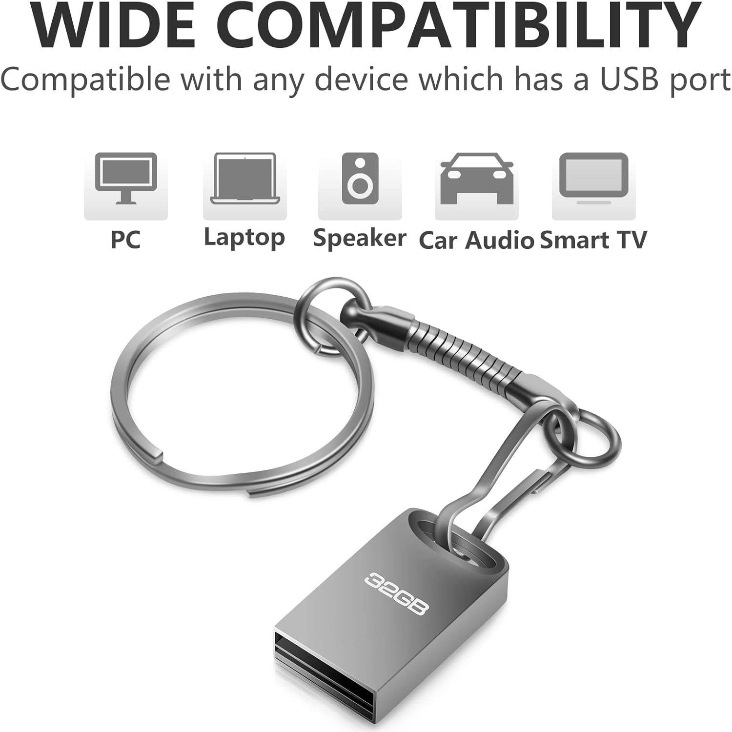 MONDODIGITALE 32GB Mini USB Key with Keychain and Pendant for Laptop/PC/Car (Gray)