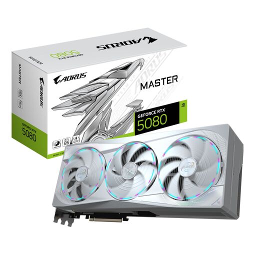 Carte graphique Gigabyte AORUS GeForce RTX 5080 MASTER ICE 16G - 16 Go GDDR7, 256 bits, PCI-E 5.0, 2805 MHz, 3x DP 2.1a, 1x HDMI 2.1b, DLSS 4 NVIDIA