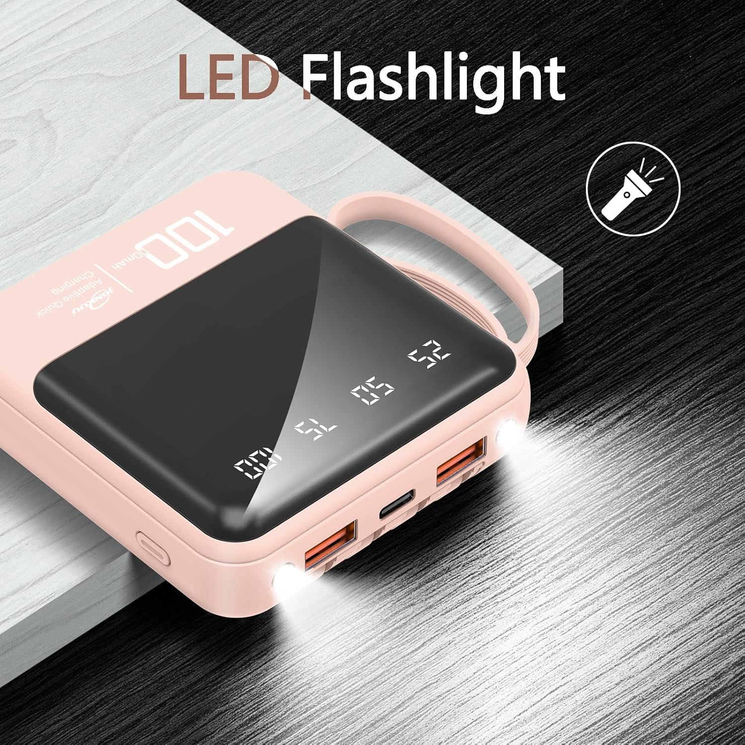 Portable Phone Charger 10000mAh with Cables and Built-in Flashlight, External Battery Pack Compatible with iPhone, Samsung, Google, LG, iPads and More (Pink)