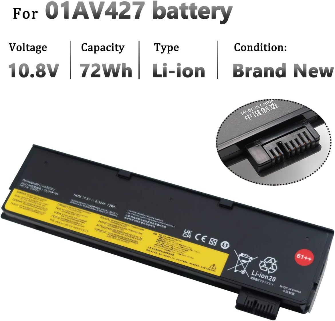 72Wh External Battery Compatible with Lenovo ThinkPad T470/T480 Series