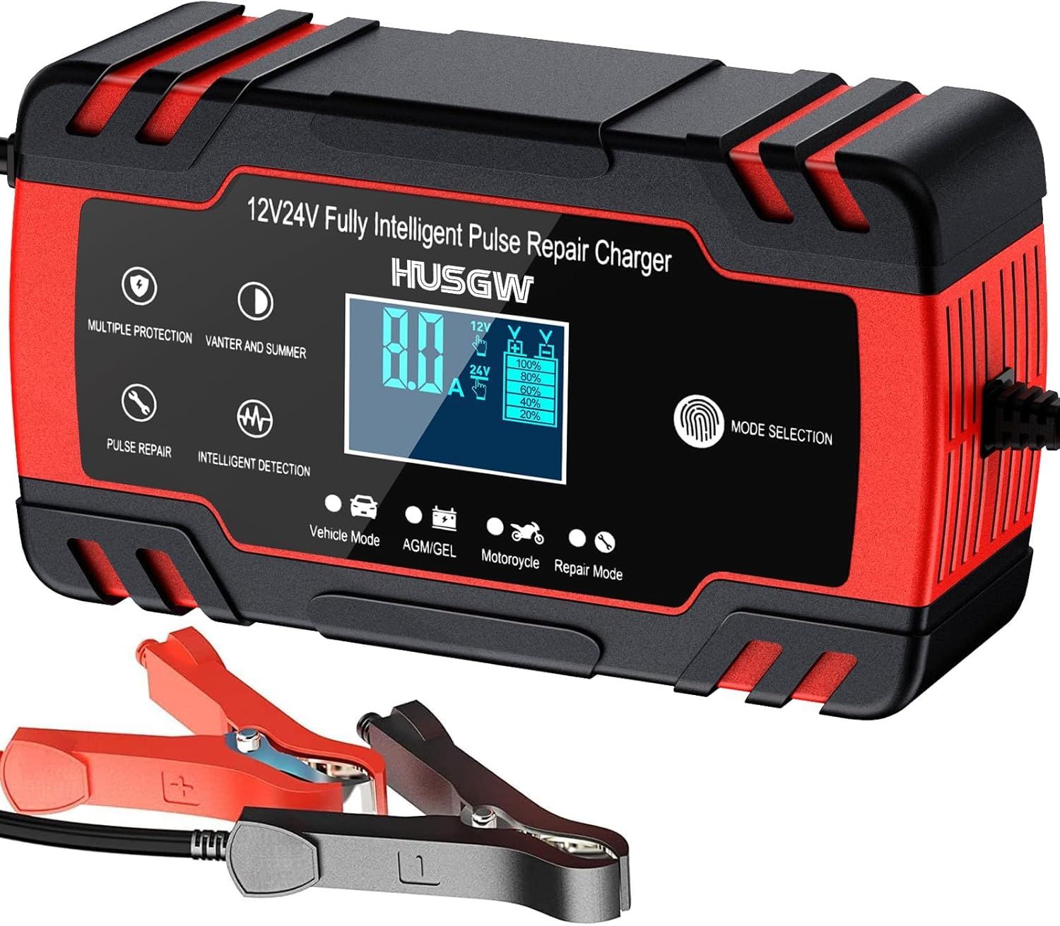 VSNDUFGSUDY 12V/24V 8A Smart Battery Charger with Repair Function, Auto Maintenance, LCD Screen for Car, Motorcycle, Truck (8-100 AH AGM, Gel, Wet, SLA)