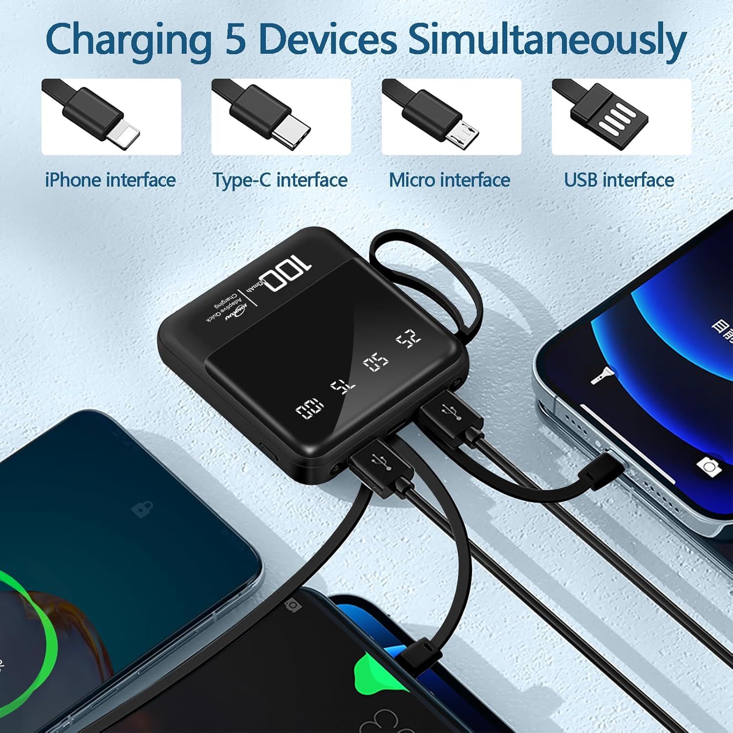 VSNDUFGSUDY 10,000mAh Portable Phone Charger with Cables and Built-in Flashlight, External Battery Pack Compatible with iPhone, Samsung, Google, LG, iPads and More (Black)