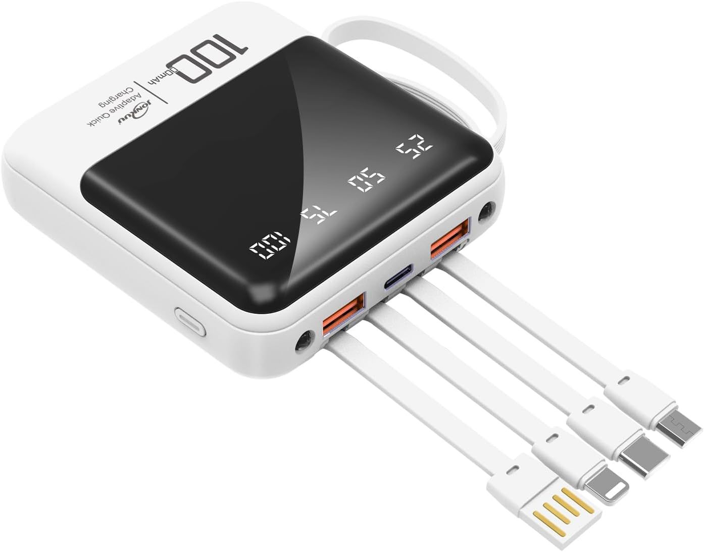 VSNDUFGSUDY 10,000mAh Portable Phone Charger with Cables and Built-in Flashlight, External Battery Bank Compatible with iPhone, Samsung, Google, LG, iPads and More (White)