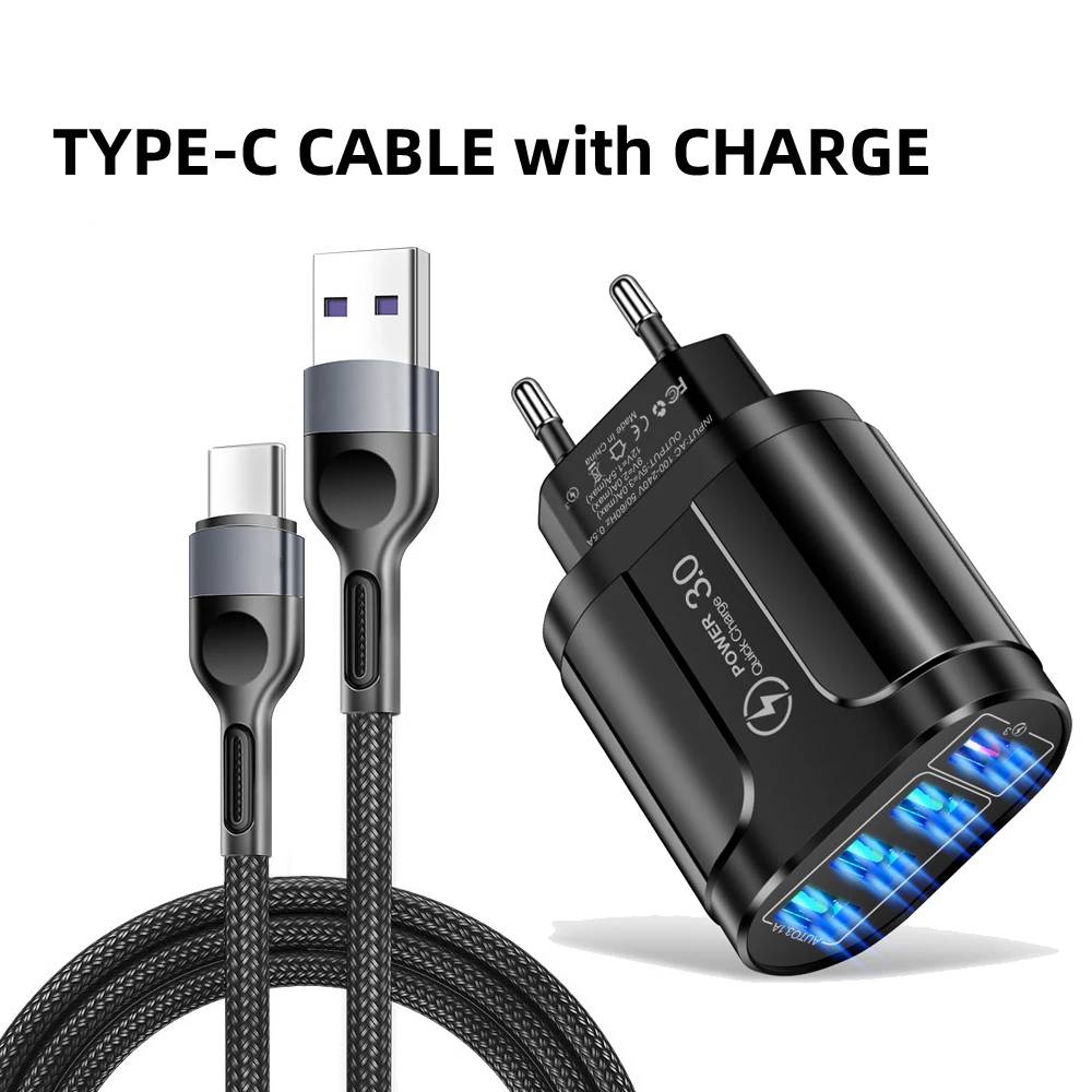 4-Port USB Quick Charger 3.0 48W Wall Phone Charger Fast Charging Adapter for iPhone Samsung Xiaomi Travel EU Charger and Cable