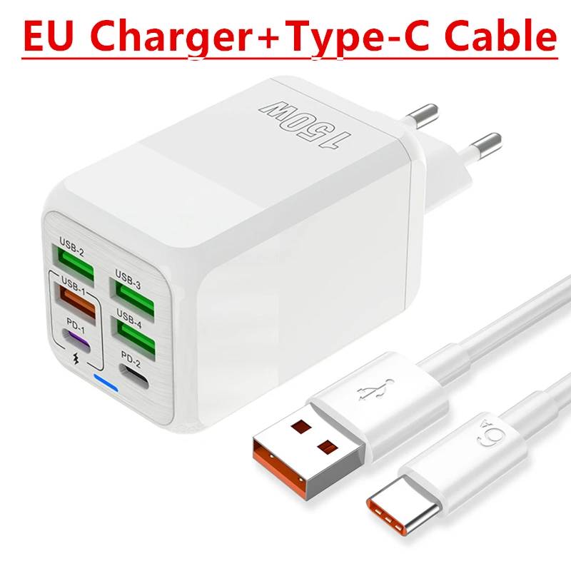 VSBNDGFSUYDG Wall-Mount USB C Fast Charger, 150W Super Charge for iPhone, Samsung, ISub, Xiaomi, Huawei, Oneplus, Oppo, 6 Ports, PD QC 4.0