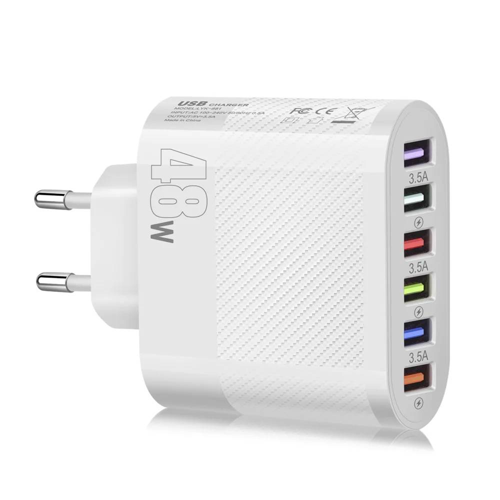 Quick Charge Smartphone Adapter, USB-C Charger for iPhone 14/13 Pro, Xiaomi, Samsung, OnePlus, Wall Charger QC 3.5, 6 Ports, 48W