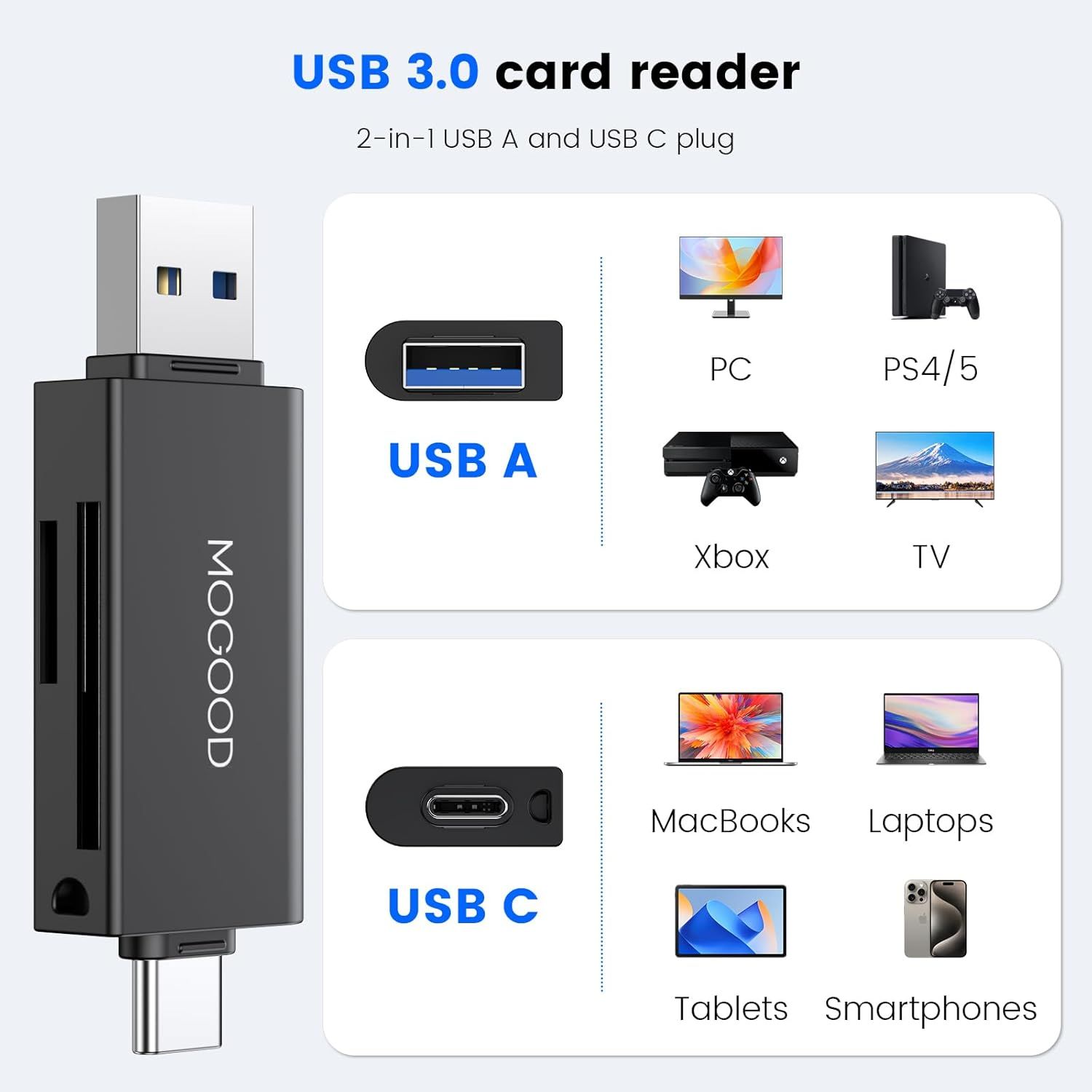KRAMA HERITAGE SD/Micro SD Card Reader, USB 3.0 High-Speed Double Connector with USB C and USB Adapter for Macbook, Imac, Laptop, iPad, Supports [M201]