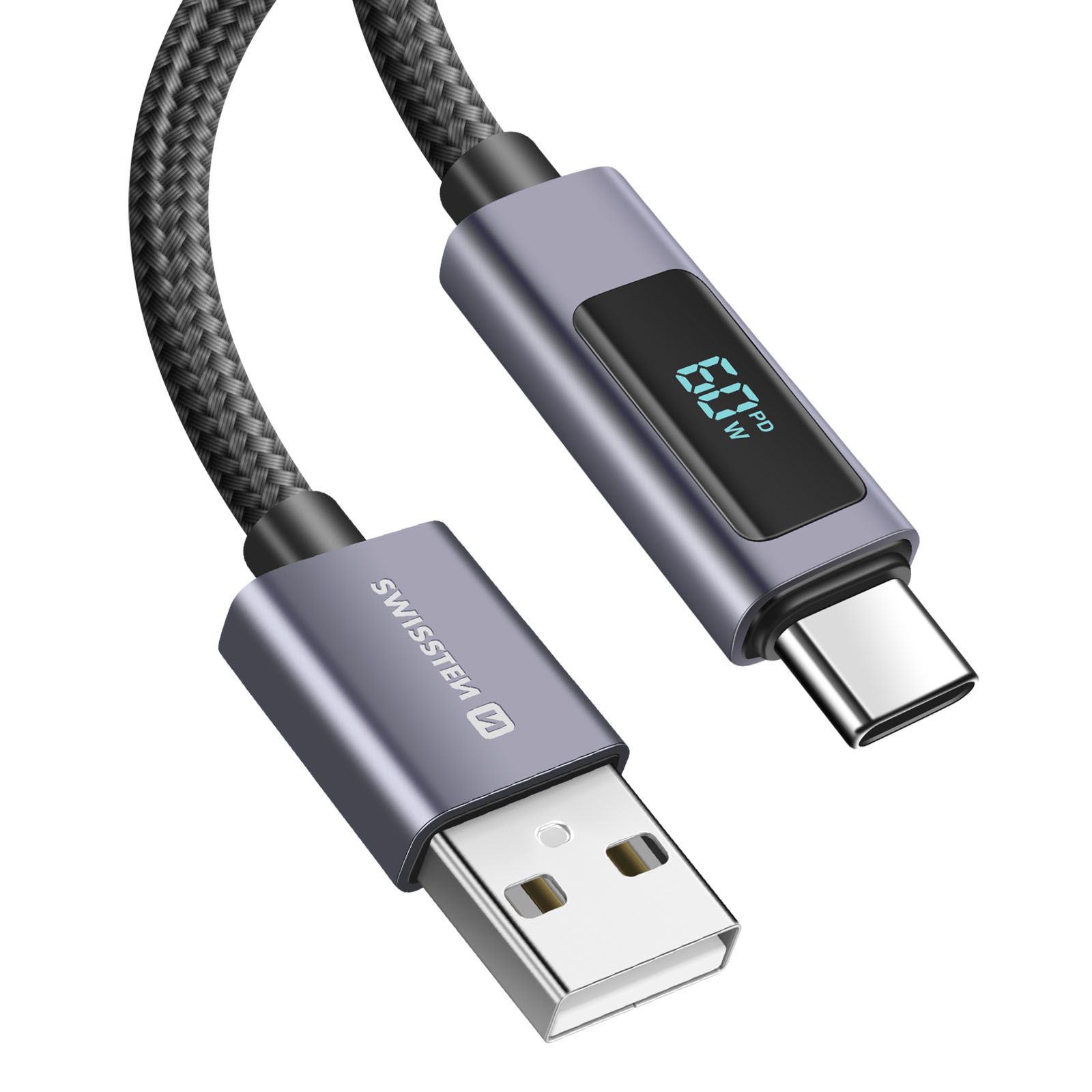 Swissten 3A USB-C to USB Charge and Sync Cable 60W, 1.5m with LED Screen, Black
