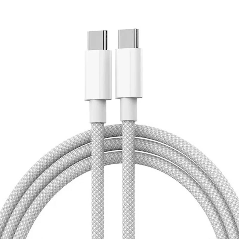 USB-C Quick Charge Cable, 60W PD Braided Charger Cord for iPhone 15, Android, Samsung, Huawei - White, 1m