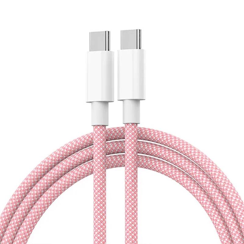Quick Charge USB-C Cable for Mobile Phones, 60W PD Braided Charger Cord for iPhone 15, Android, Samsung, Huawei - Pink 1m