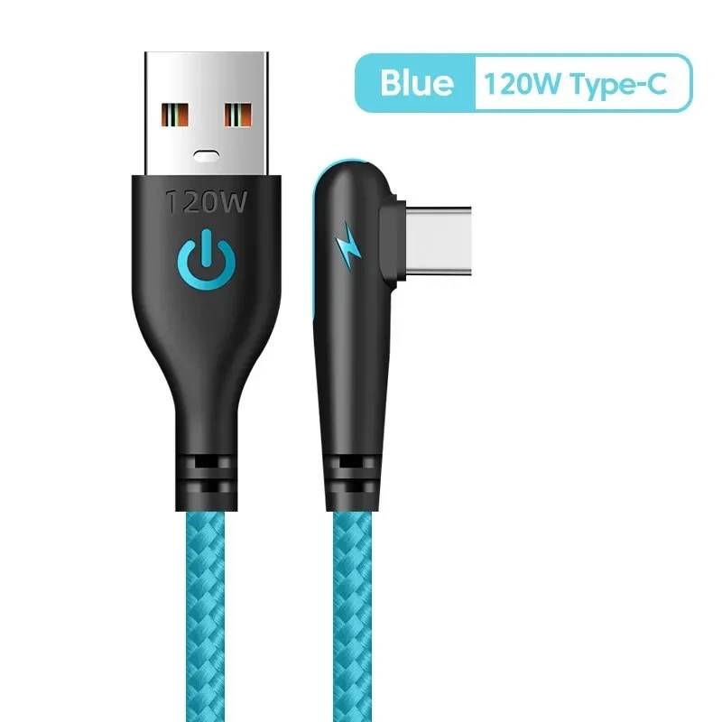 90-Degree Bended USB-C Cable for Fast Charging, 6A, 120W, Blue, 0.25m