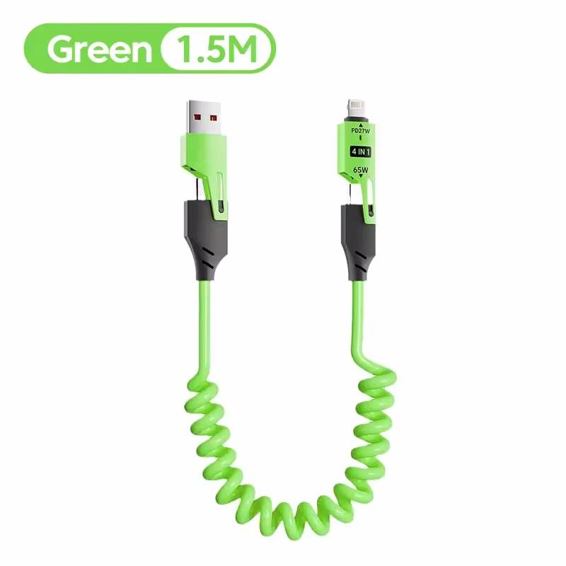 Quick Charging USB Spring Cable 65W, 4-in-1 Data Spring Cable, Telescopic Spring USB Type C Cable 6A for iPhone iPad MacBook Huawei Green 1.5m