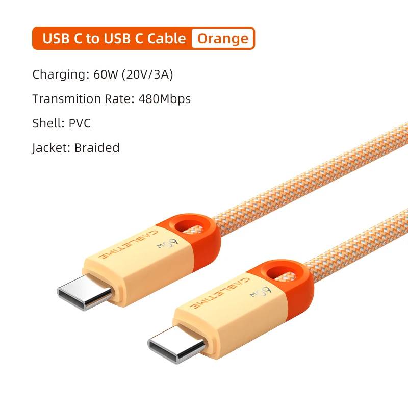 VSDJBJSDFH 60W USB-C to USB-C Cable, 480Mbps, 3A, 0.25m, Orange