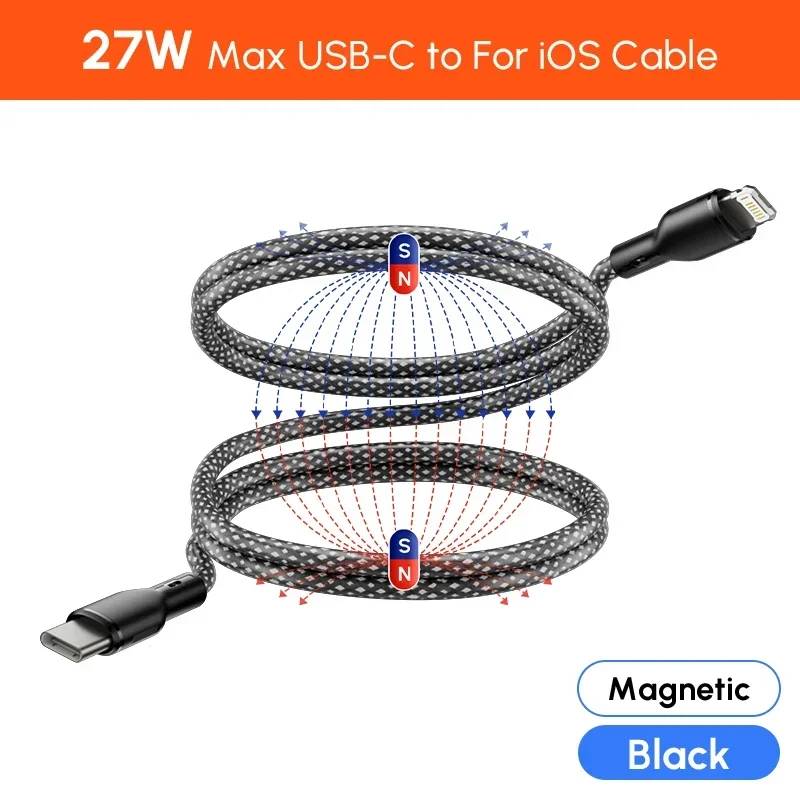 Magnetic PD Cable 27W USB-C to iOS for iPhone 16/15/14, Quick Charger, Type C Cord for Samsung S25, Xiaomi, Laptop Cable 1.5m Black