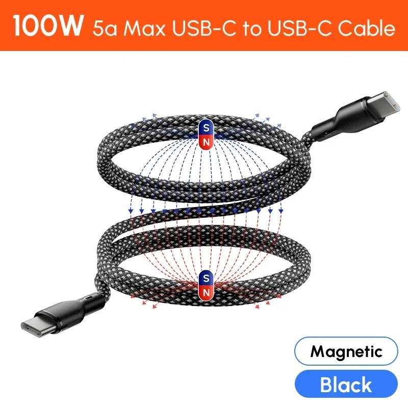 Magnetic PD Cable 100W/60W/27W USB C to iOS for iPhone 16-15-14, Quick Charger, Type C Cord for Samsung S25, Xiaomi, Laptop Cable 1.5m Black