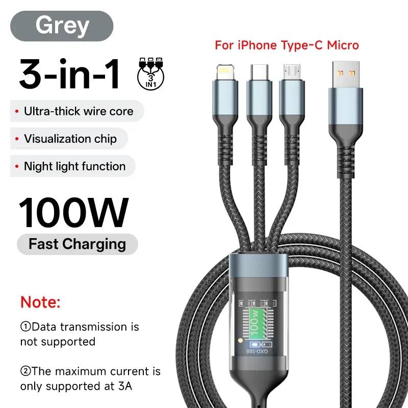VSDJBJSDFH 3-in-1 USB Type C Cable, Quick Charge, Data Cord for Phone, iPhone 16/15, Samsung, Xiaomi, Huawei, Quick Charge, Micro USB