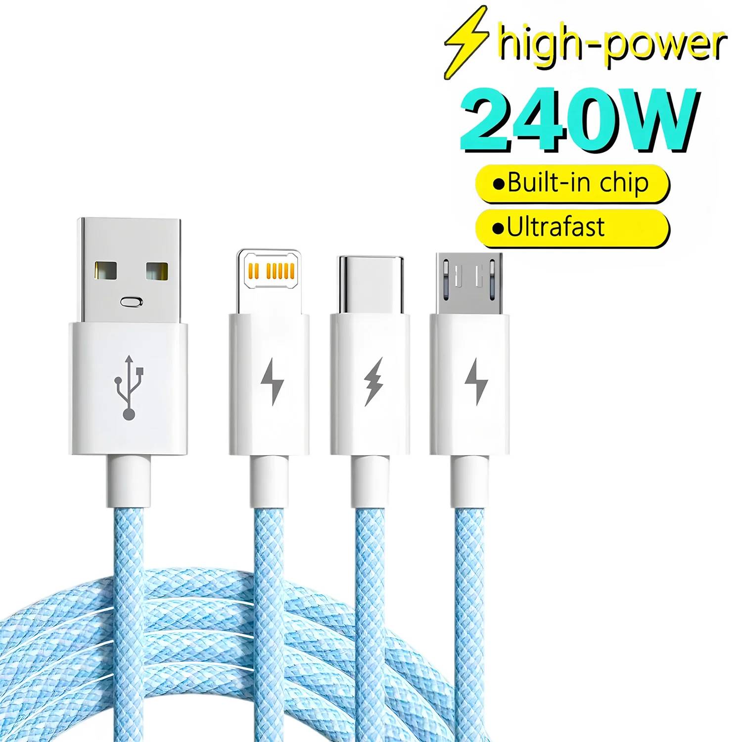 VSDJBJSDFH 3-in-1 USB Charge Cable 6A 100W for Huawei/Honor, iPhone 14, Samsung - Blue 1.2m