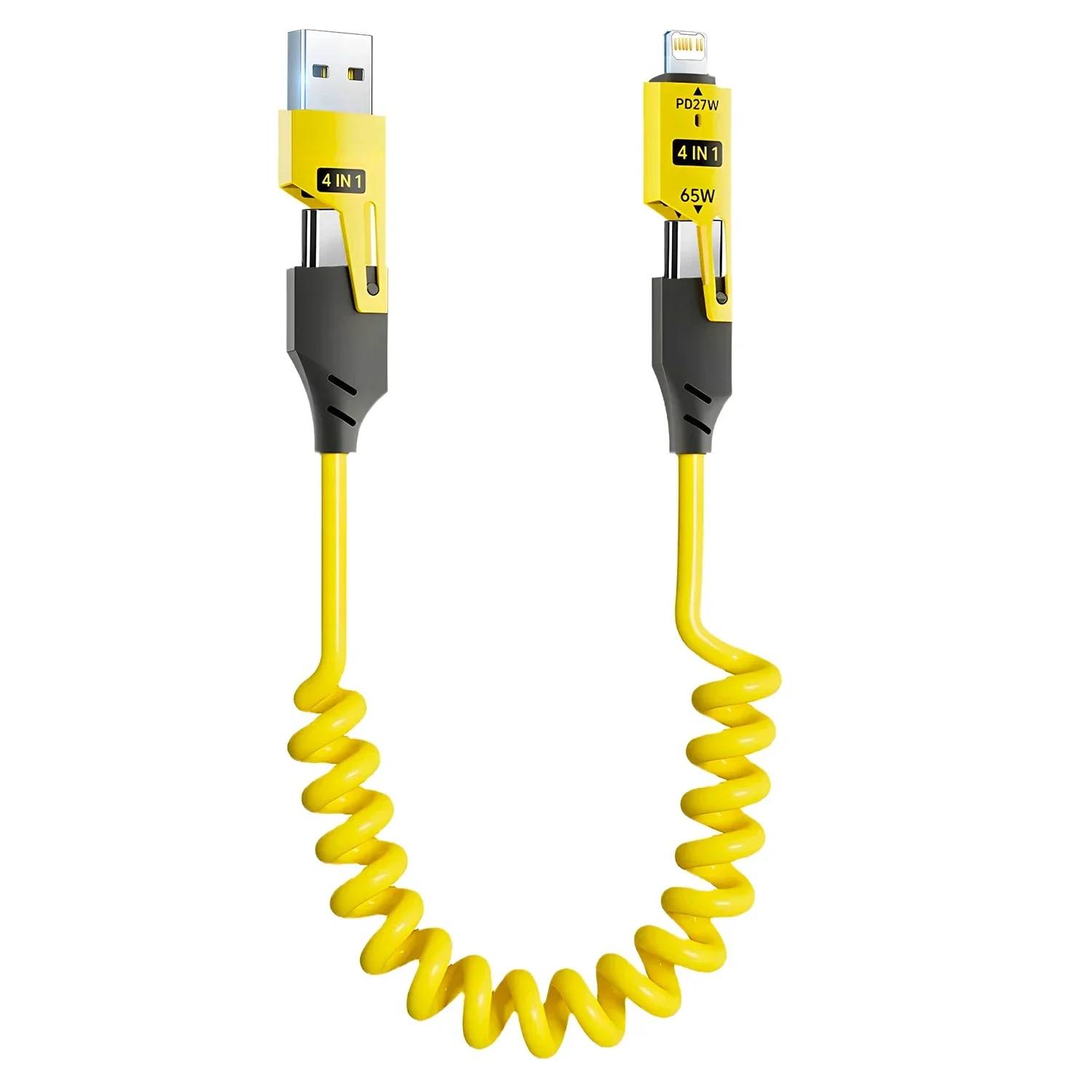 VSDJBJSDFH 4-in-1 Short Spring Data Cable 65W, 6A, USB Type C, Retractable Quick Charge Cable for iPhone 16/15/14/13/12, Yellow, 1.5m