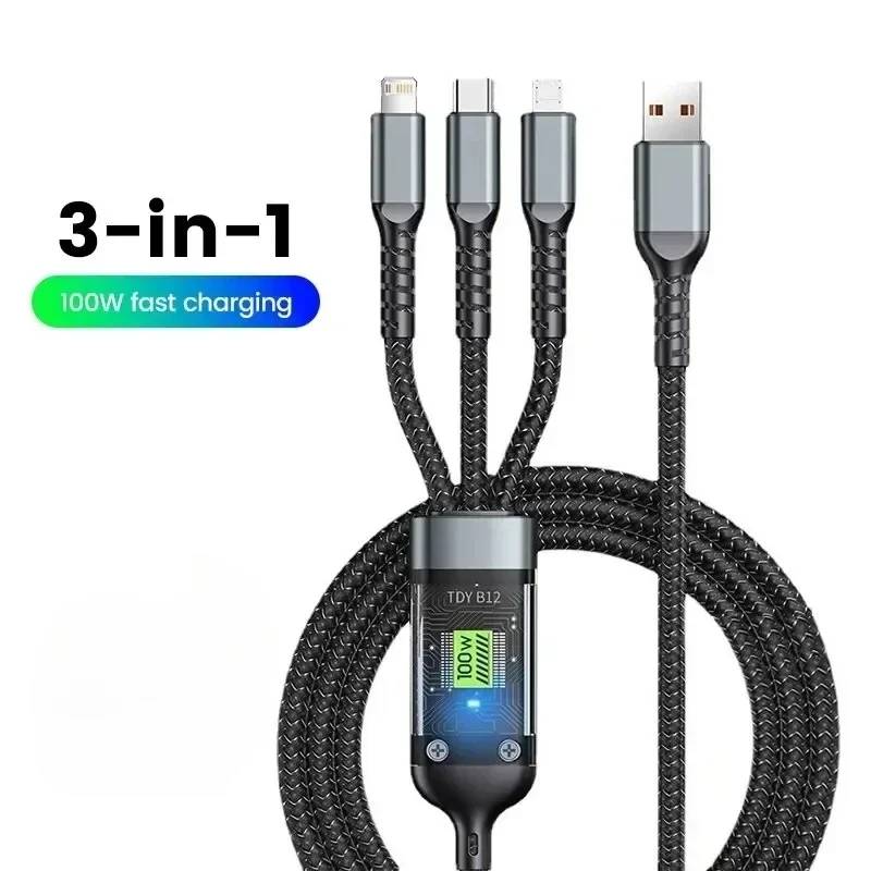 3-in-1 100W Fast Charge Cable, USB Type C to iPhone, Realme, POCO, Samsung, Huawei 50 Pro