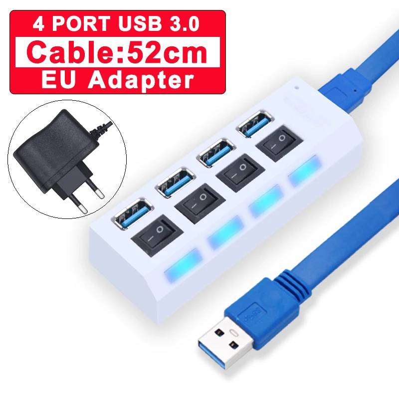 VSDFBSDFUY 3.0 USB Hub with Switch for PC, Power Adapter, Multi-Port Extender, 4 Port 3.0 USB 4/7