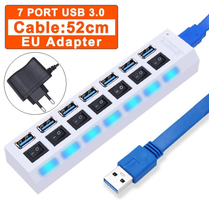 VSDFBSDFUY 7-Port USB 3.0 Hub with Switch and Power Adapter