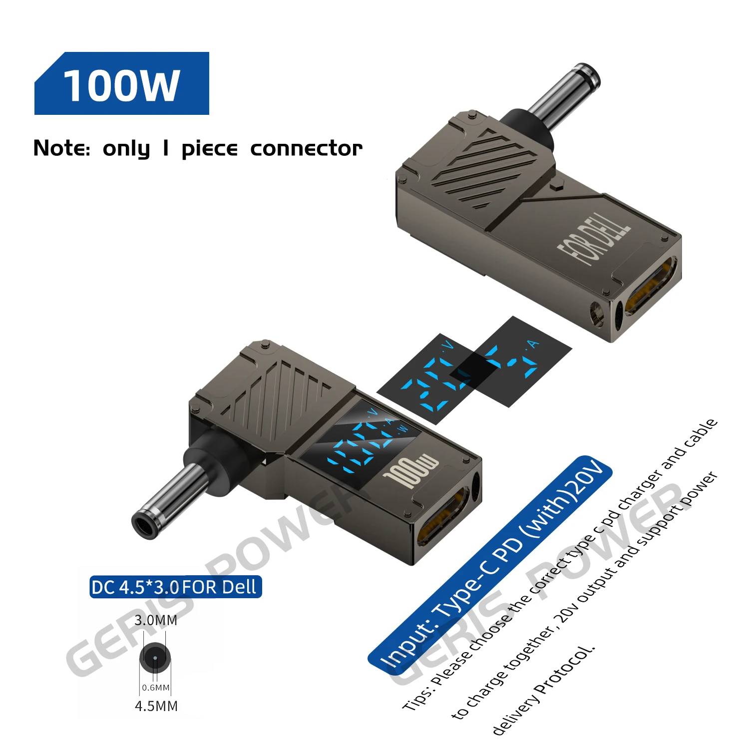 VSDFBSDFUY Laptop Power Adapter, 100W LED Display, USB Type C PD to Jack DC Charger Converter (Compatible Dell 4.5x3.0mm)