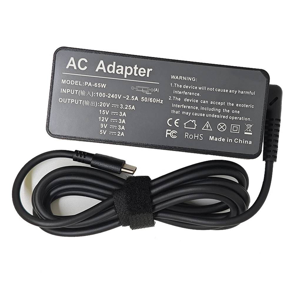 USB-C AC Power Adapter for Laptop, 20V, 3.25A, 65W, Compatible with Lenovo Thinkpad X1 Carbon Yoga X270 X280 T580 P51 P52s E480 E470