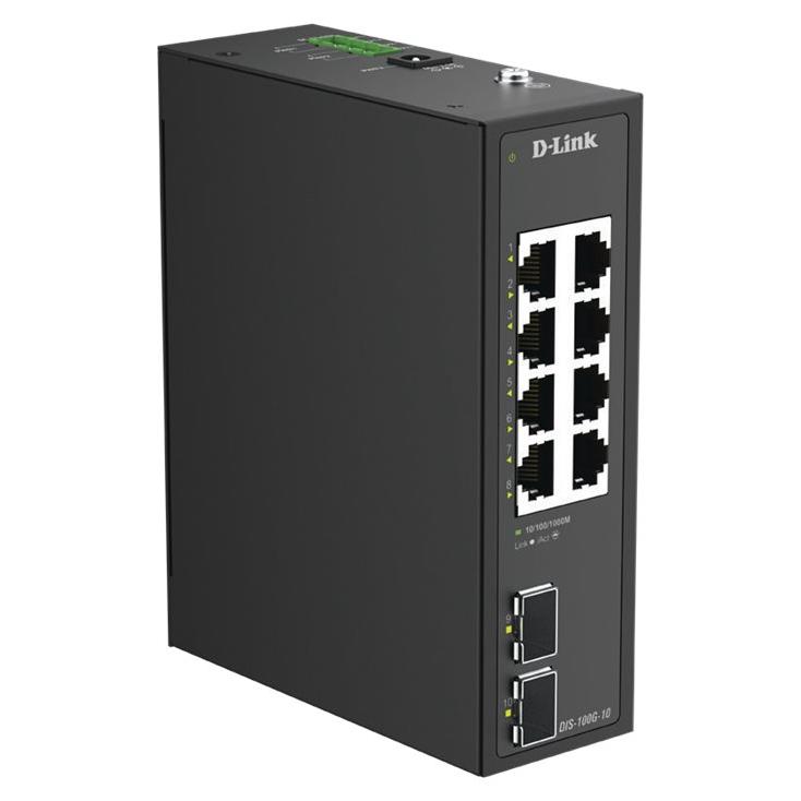 D-Link 100G-10 Switch - 8 x 10/100/1000 + 2 x Gigabit SFP - DIN Rail Mount