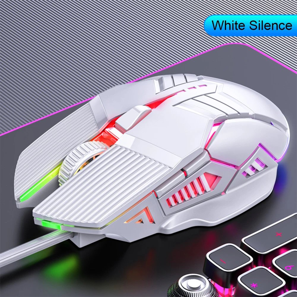 HitTime Ergonomic Wired Gaming Mouse 3200 DPI, RGB Backlit, Silent, 6 Buttons for PC Laptop - White Silence