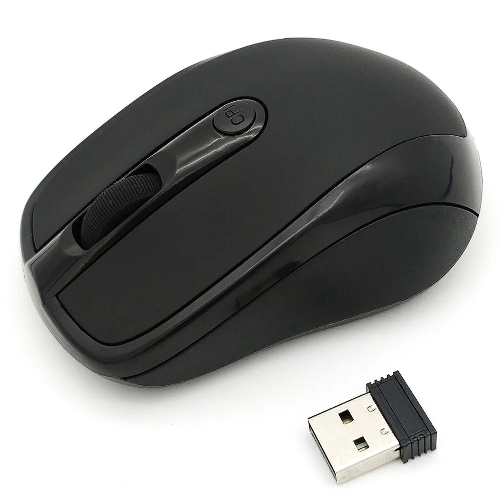 Wireless USB 2000 DPI Optical Mouse, Adjustable Receiver, Ergonomic, for Laptop and PC - Black
