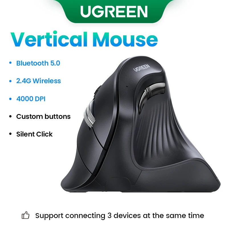 UGREEN Vertical Wireless Mouse, 4000 DPI, 6 Silent Buttons, Ergonomic Design for Mac, Tablet, PC
