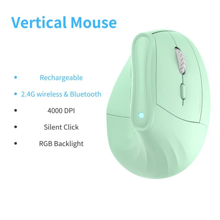 VSBDUFGDYSF Vertical Wireless Mouse, Bluetooth, Ergonomic, RGB, Rechargeable, 4000 DPI, 6 Silent Lifts, for Tablet, Computer, PC