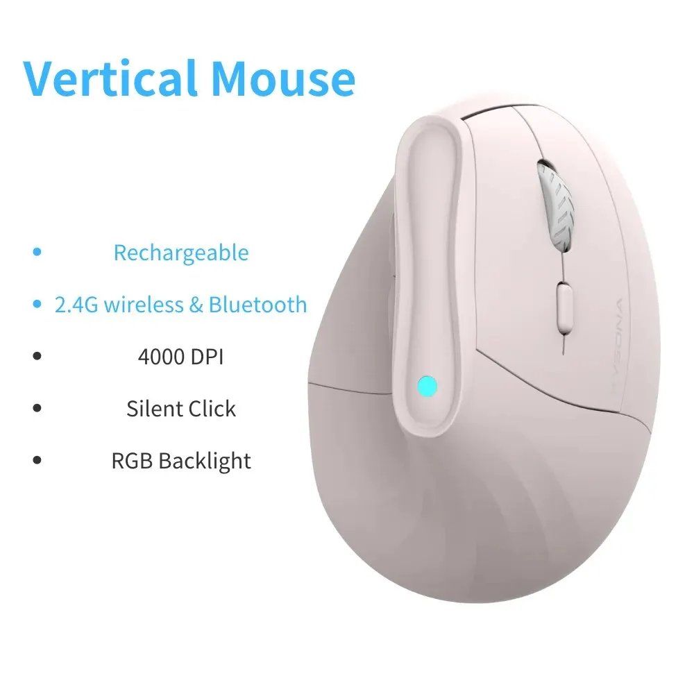 Vertical Wireless Mouse, Bluetooth, Ergonomic, RGB, Rechargeable, 4000 DPI, 6 Silent Lifts, for Tablet, Computer, PC - Pink Rechargeable