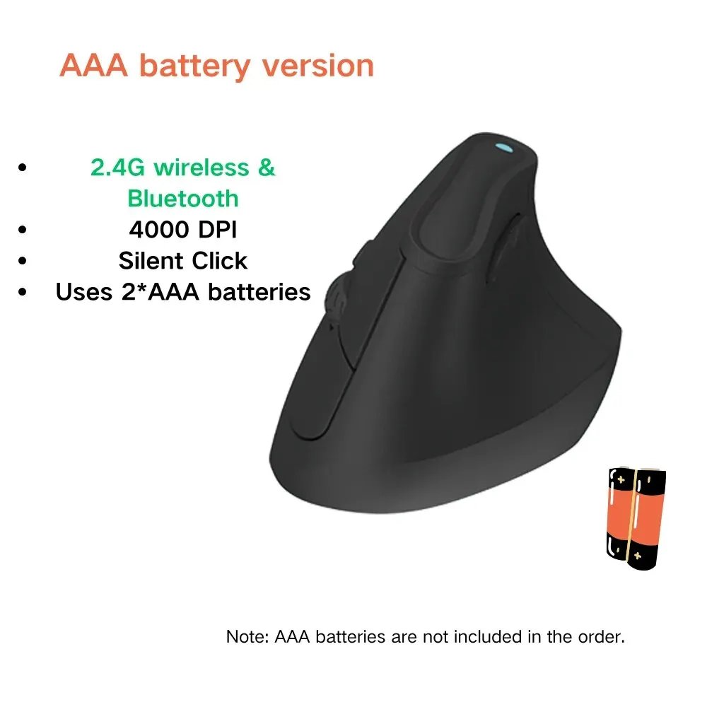 Wireless Vertical Mouse, Ergonomic RGB, Rechargeable, 4000 DPI, 6 Silent Lifts, for Tablet, Computer, PC - Black AAA Battery