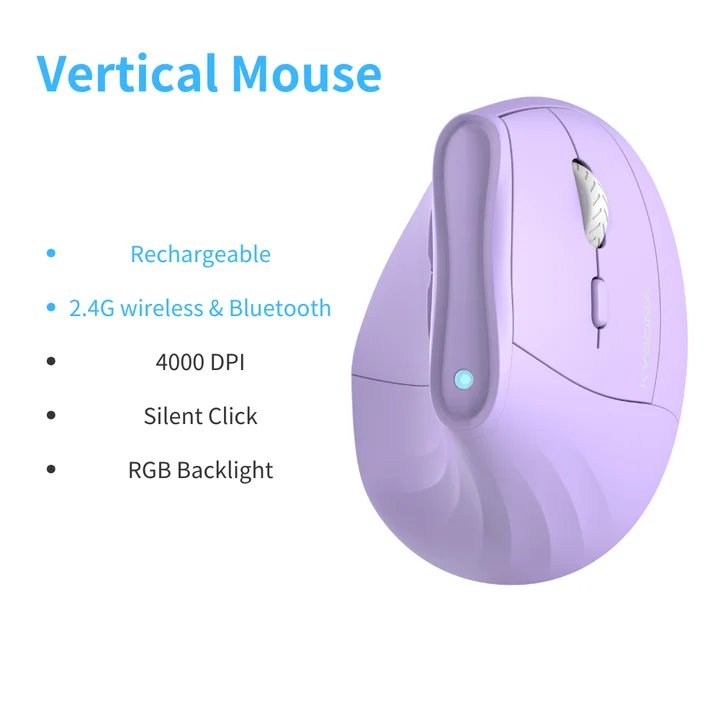 Vertical Wireless Mouse, Bluetooth, Ergonomic, RGB, Rechargeable, 4000 DPI, 6 Silent Lifts, for Tablet, Computer, PC Purple Rechargeable