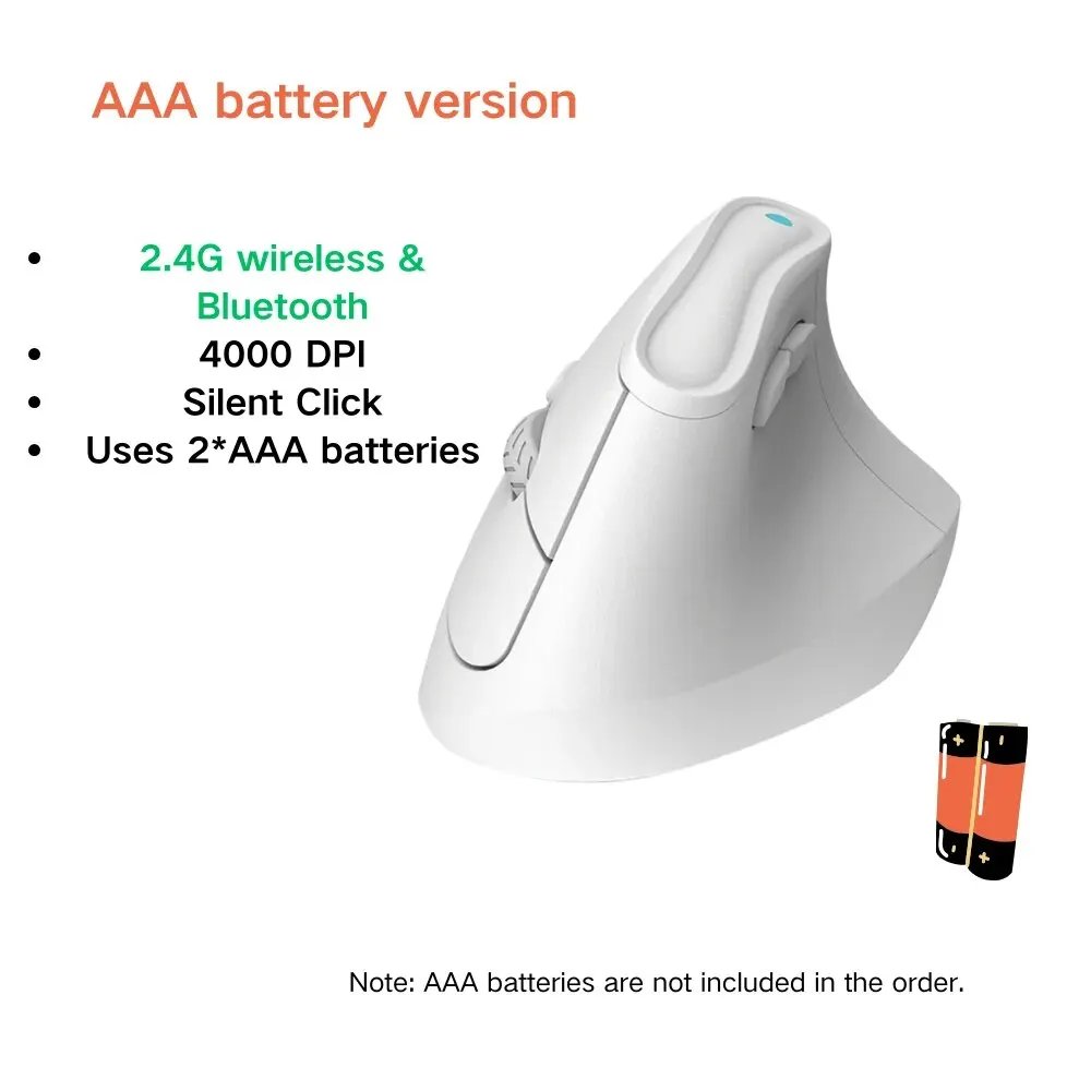 Wireless Vertical Mouse, Ergonomic RGB, Rechargeable, 4000 DPI, 6 Silent Lifts, for Tablet, Computer, PC with AAA Battery