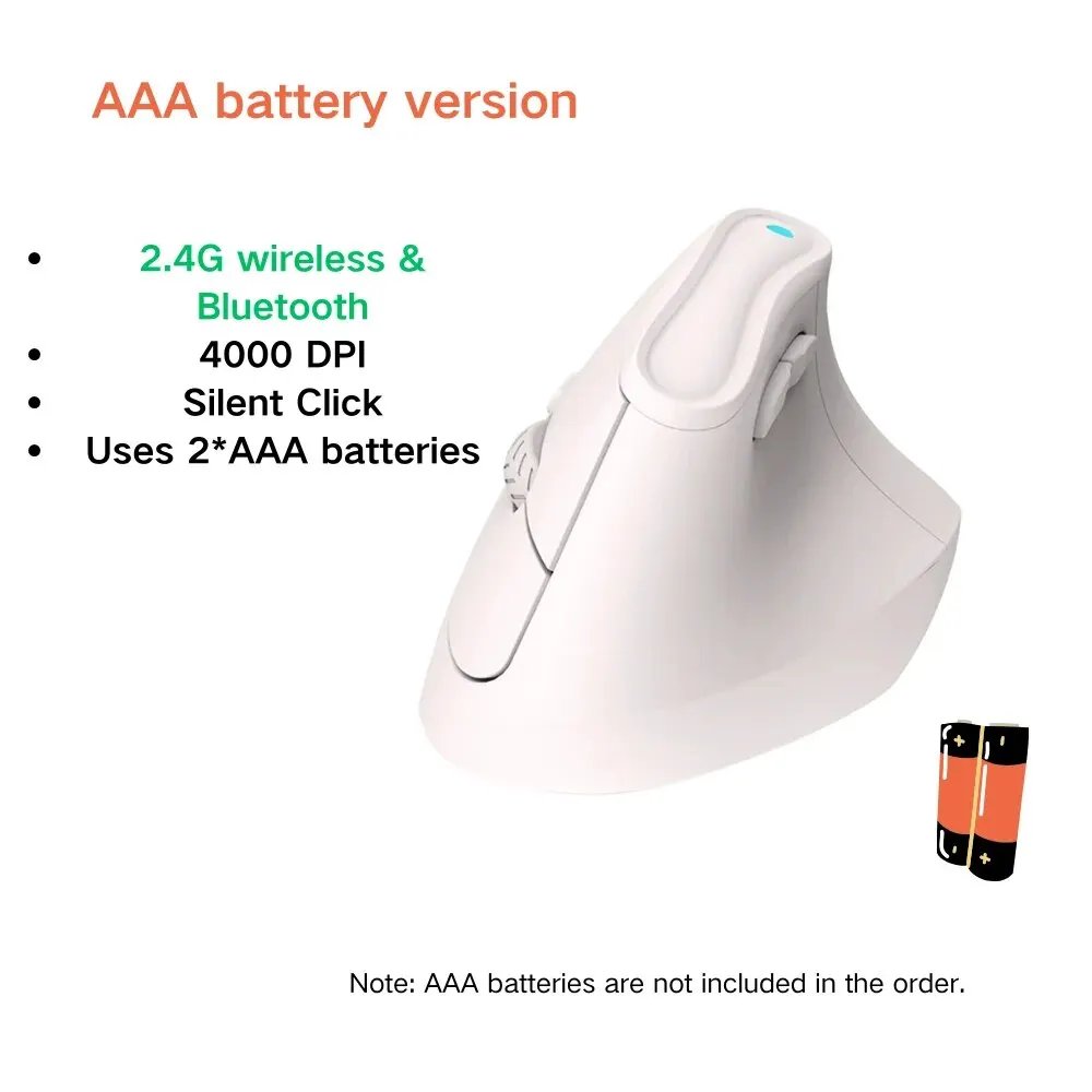 Wireless Vertical Mouse, Ergonomic RGB, Rechargeable, 4000 DPI, 6 Silent Lifts, for Tablet, Computer, PC - Pink AAA Battery